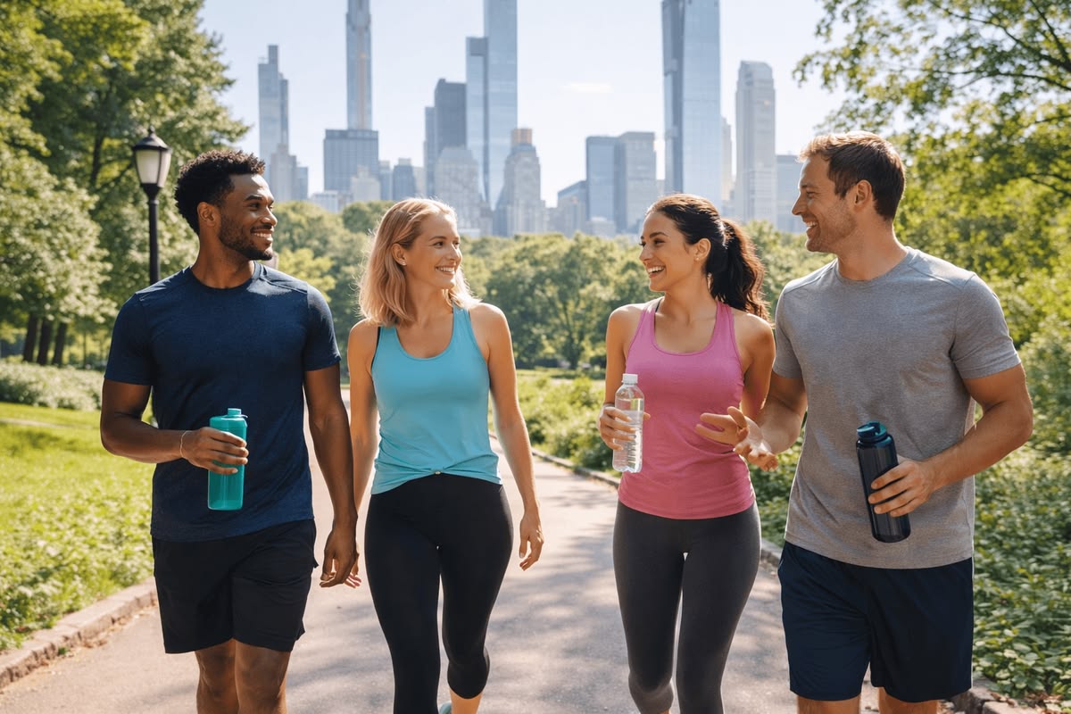 Illustration of a diverse community of walkers gathering for a group session