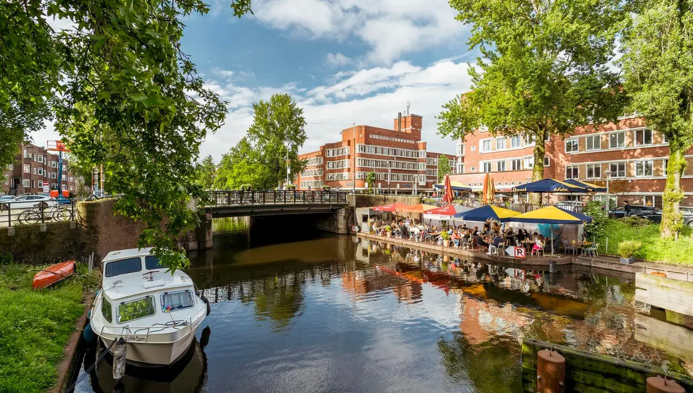 Scenic canal-side walking route illustration through Amsterdam neighbourhoods